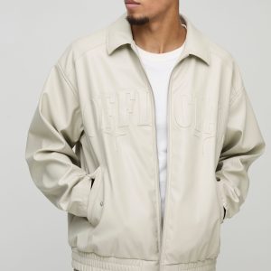 Official Oversized PU Embossed Collard Bomber Jacket