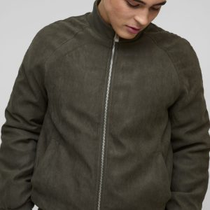 Raglan Regular Fit Funnel Neck Faux Suede Bomber Jacket