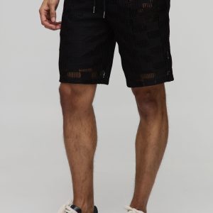 Elasticated Relaxed Fit Checkerboard Open Stitch Shorts
