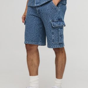 Relaxed Textured Denim Cargo Shorts
