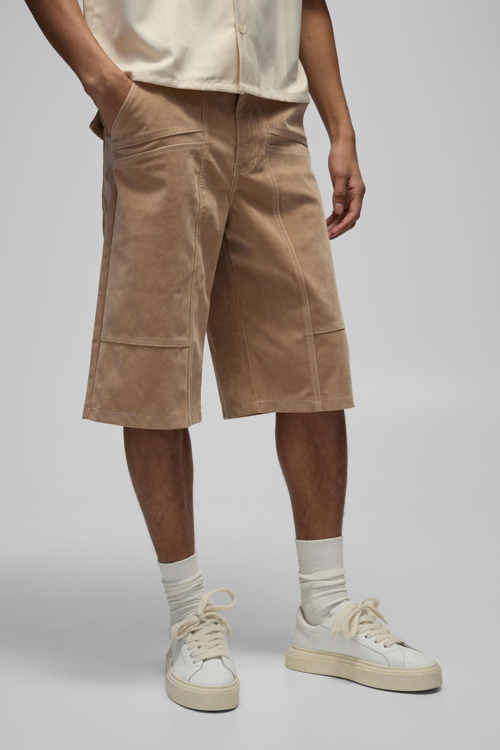 Baggy Long Length Heavyweight Suede Cargo Shorts