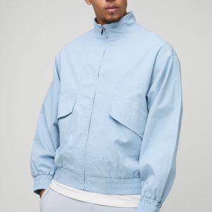 Oversized Boxy Pocket Detail Twill Funnel Neck Bomber Jacket