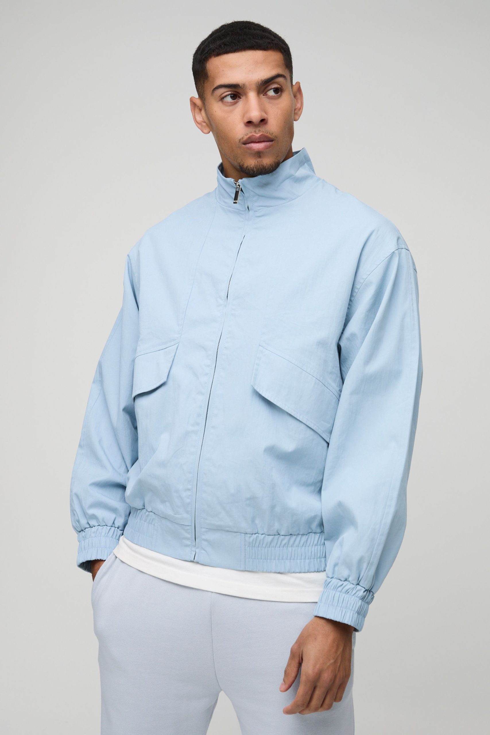 Oversized Boxy Pocket Detail Twill Funnel Neck Bomber Jacket