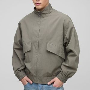 Oversized Boxy Pocket Detail Twill Funnel Neck Bomber Jacket