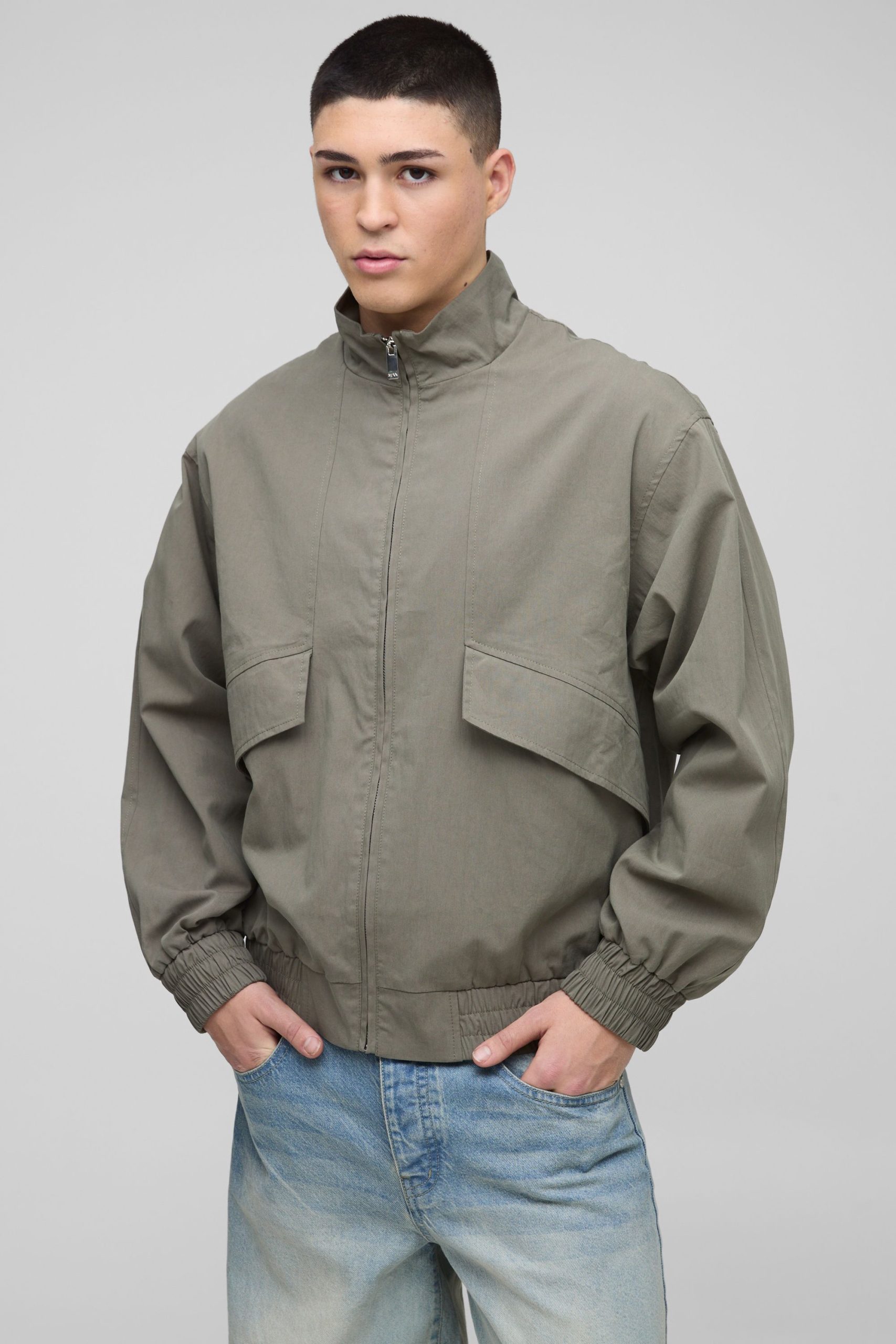 Oversized Boxy Pocket Detail Twill Funnel Neck Bomber Jacket