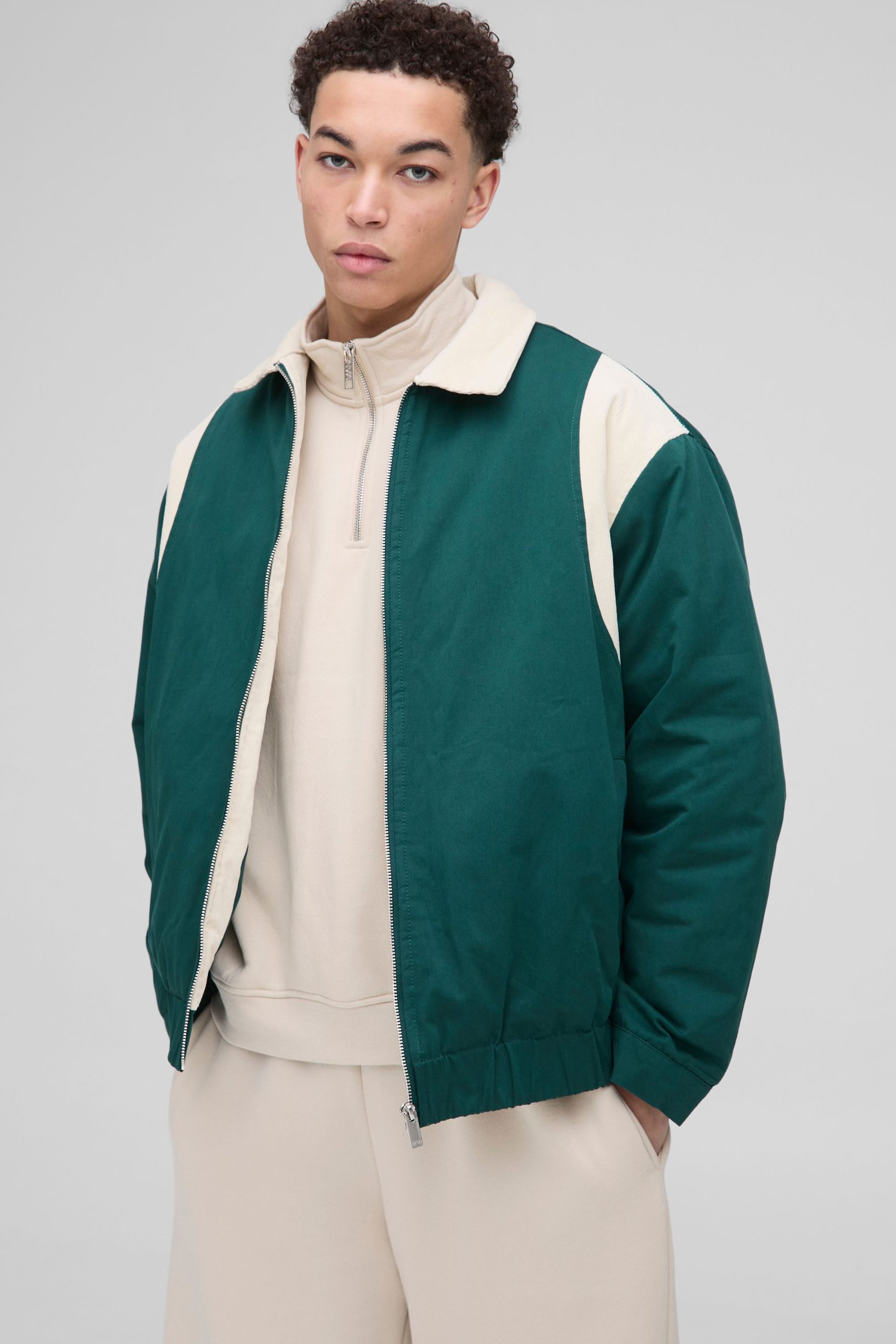 Oversized Contrast Cord Twill Collared Bomber Jacket
