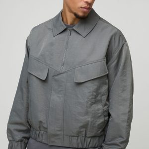 Oversized Boxy Peached Nylon Pocket Harrington Jacket