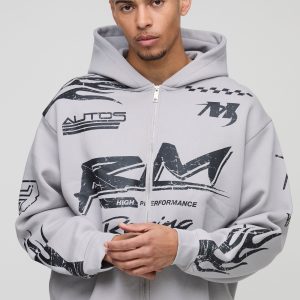 Oversized Boxy Moto Racing Flame Zip Through Hoodie