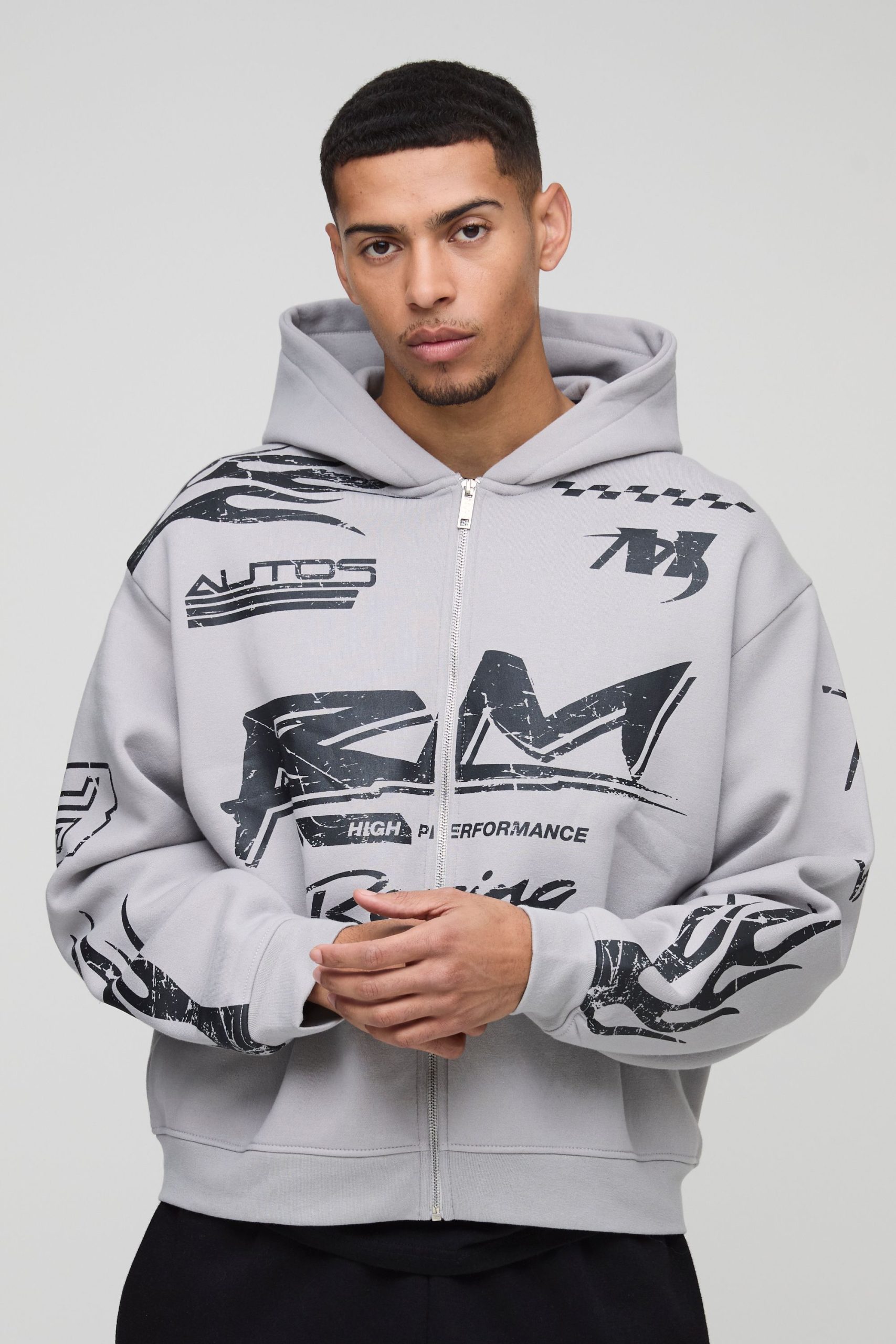 Oversized Boxy Moto Racing Flame Zip Through Hoodie