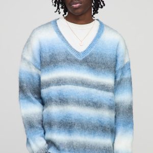 Oversized Boxy Brushed Stripe V Neck Knitted Jumper