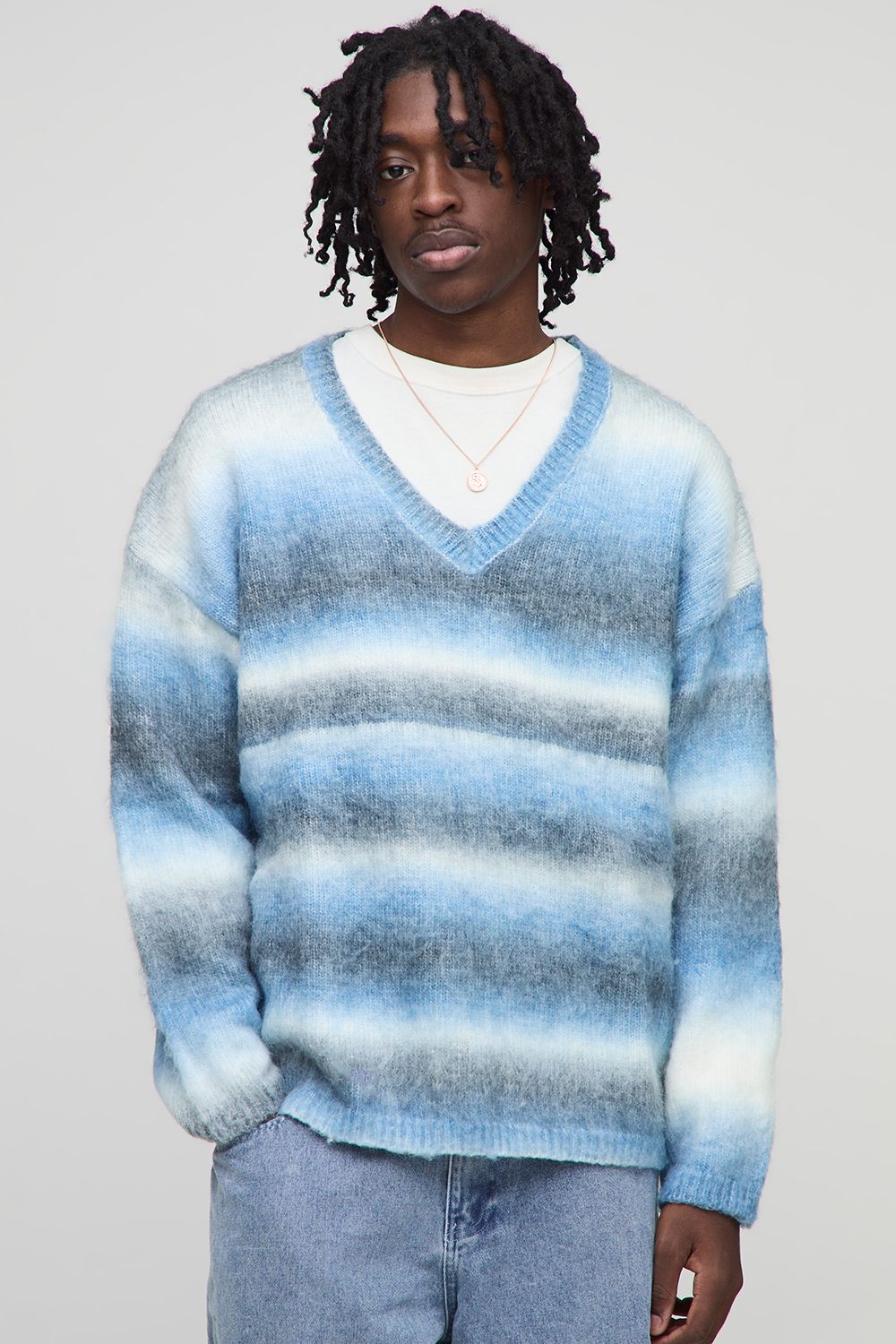 Oversized Boxy Brushed Stripe V Neck Knitted Jumper