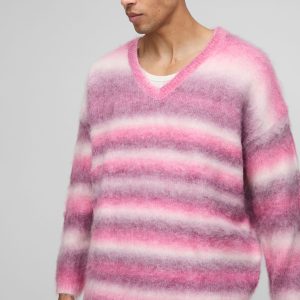 Oversized Boxy Brushed Stripe V Neck Knitted Jumper