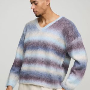 Oversized Boxy Brushed Stripe V Neck Knitted Jumper
