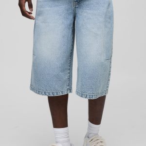 Long Line Denim Jorts In Light Blue