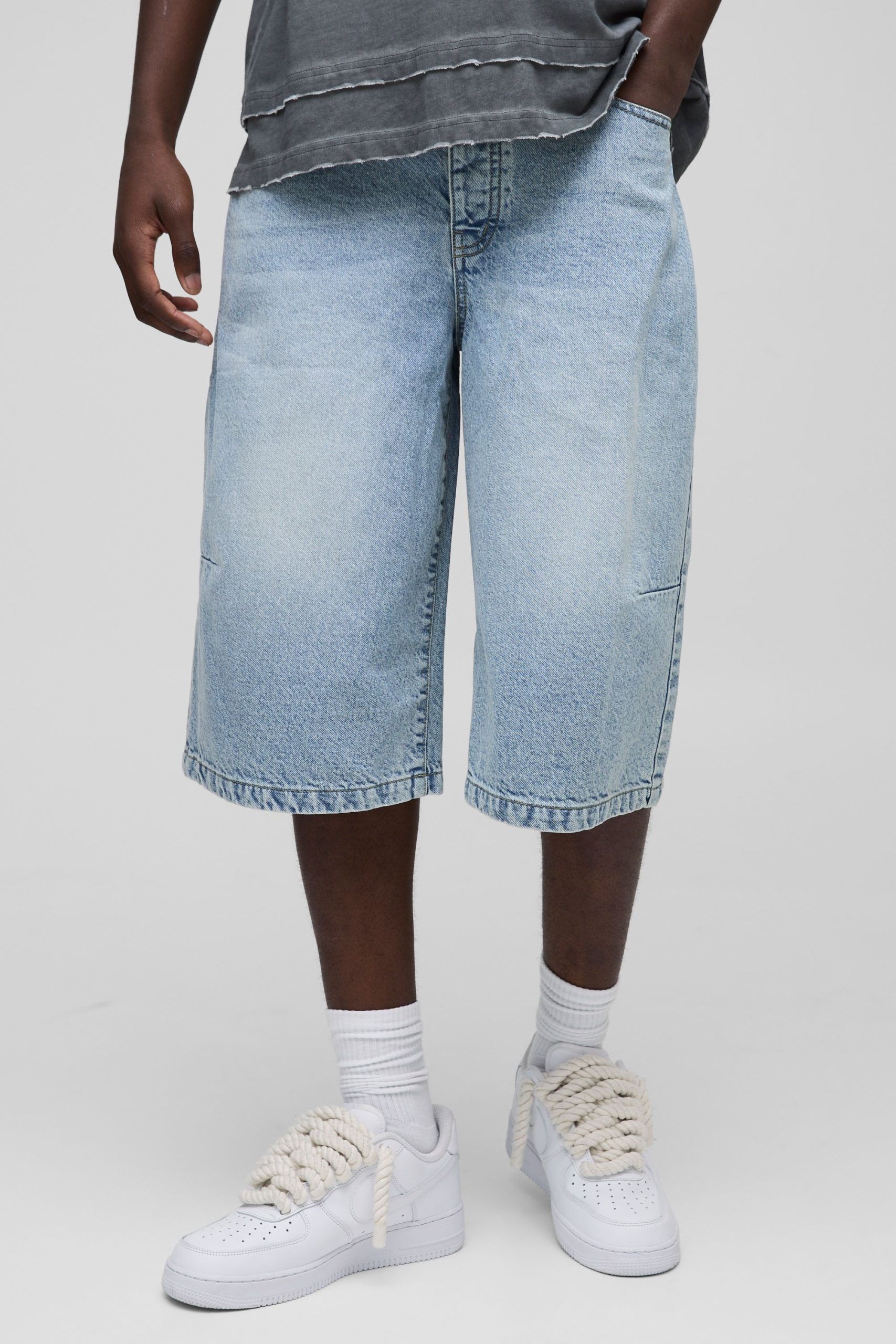 Long Line Denim Jorts In Light Blue