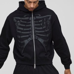 Oversized Skeleton Puff Print Zip Through Hoodie