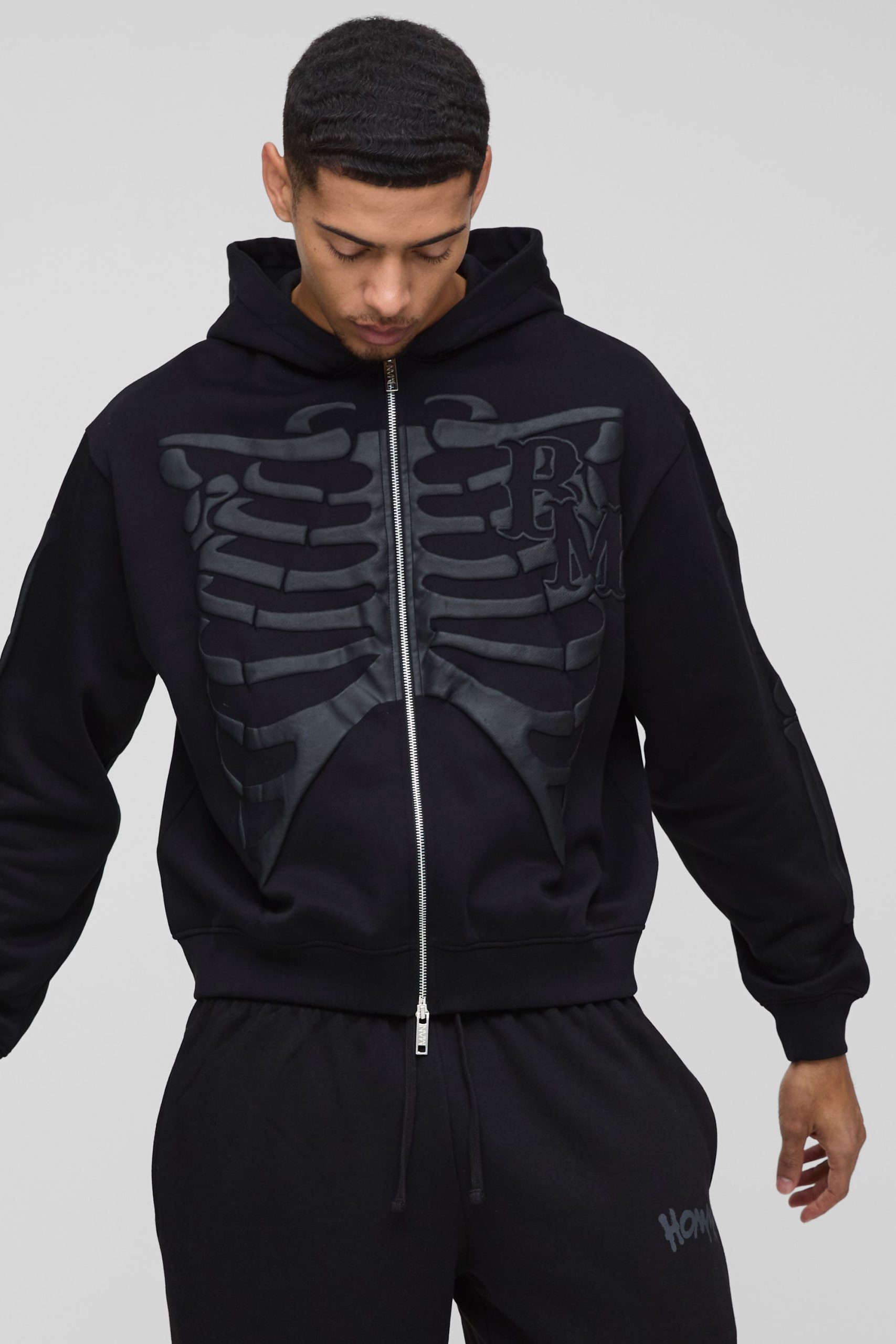 Oversized Skeleton Puff Print Zip Through Hoodie