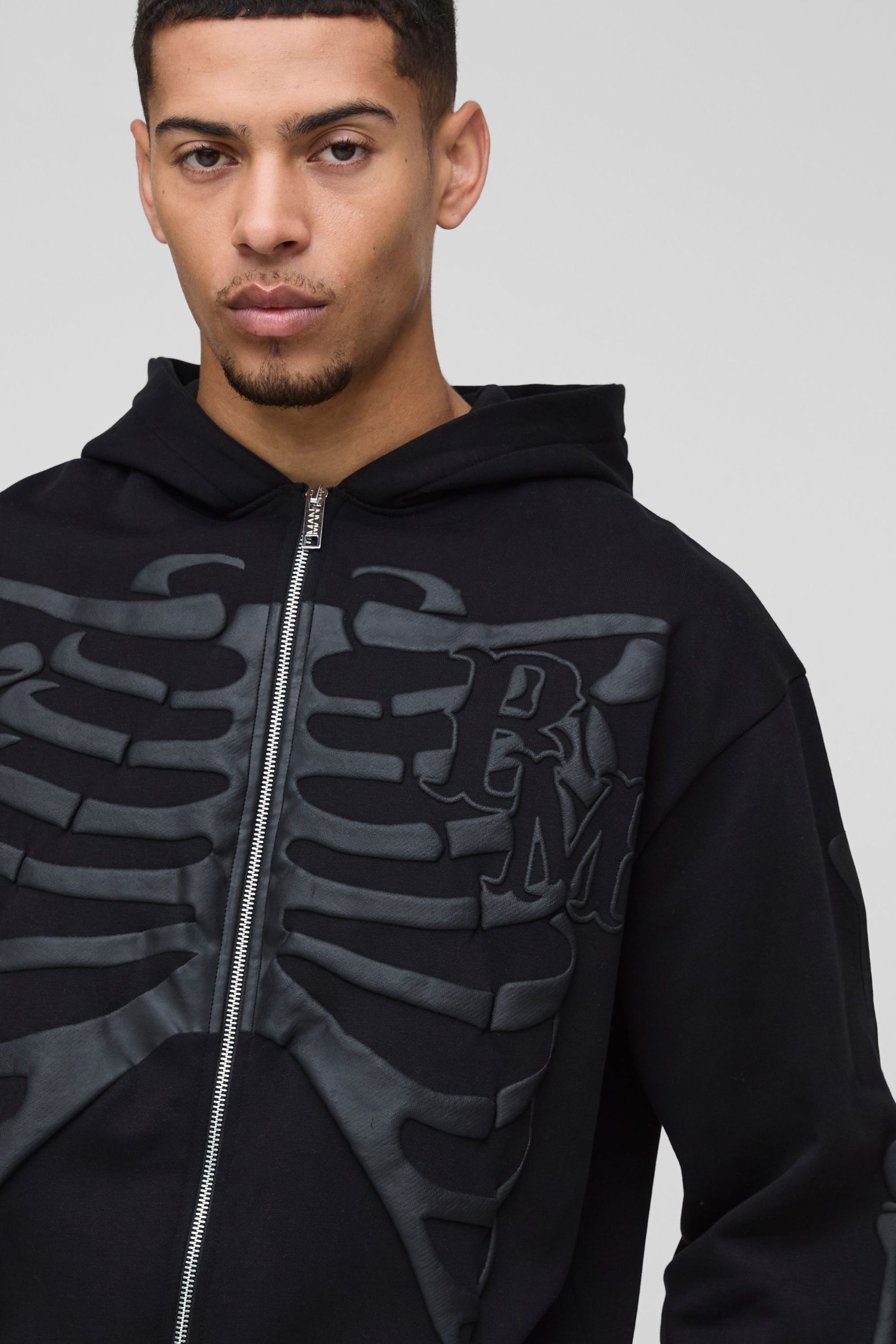 Oversized Skeleton Puff Print Zip Through Hoodie - Image 3
