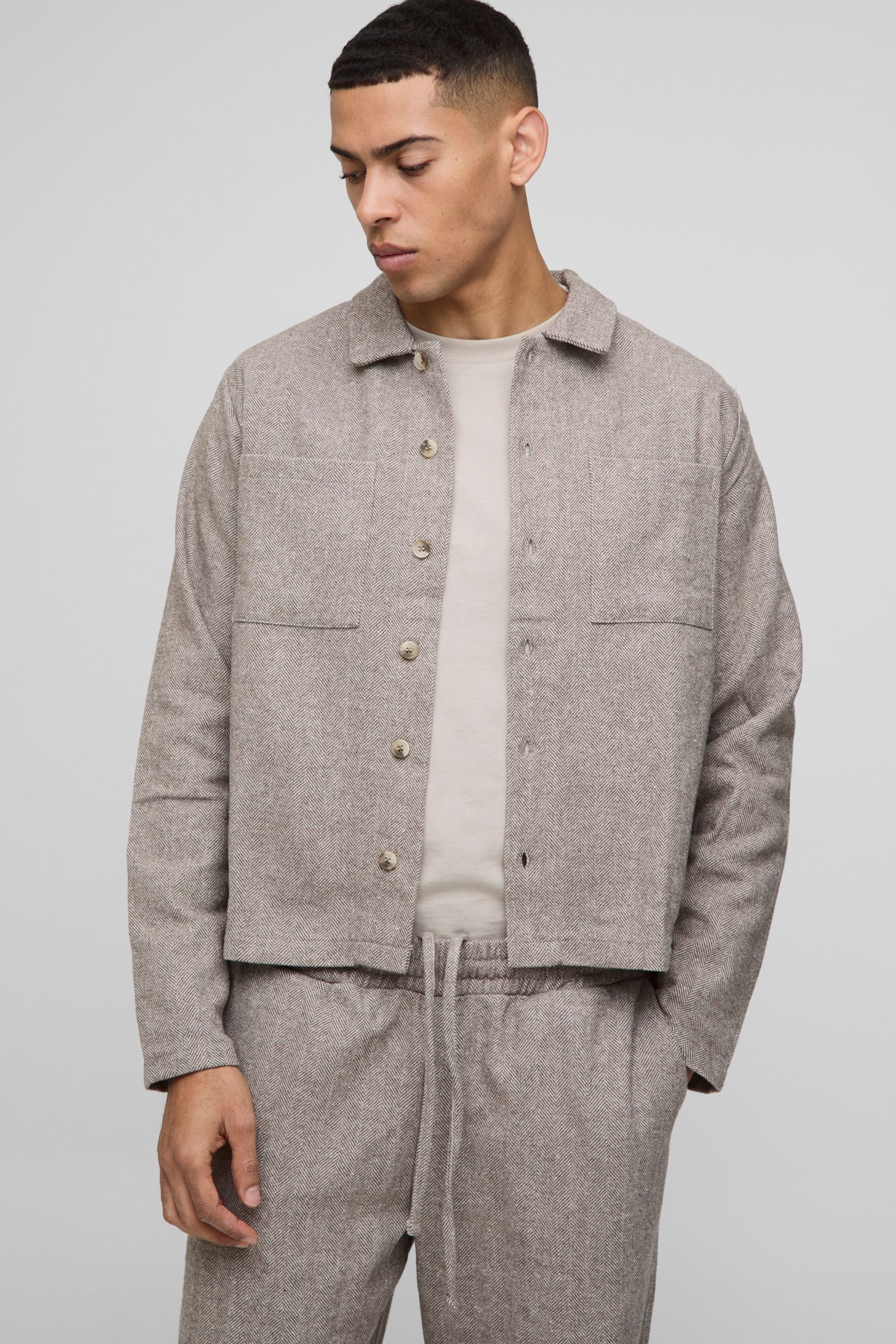 Oversized Boxy Fit Herringbone Cargo Pocket Harrington