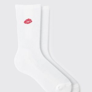 Lips Embroidered Half Terry Socks