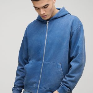 Oversized Boxy Zip Through Denim Wash Hoodie