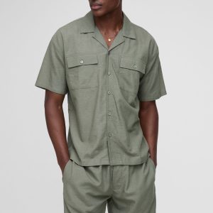 Oversized Linen Blend Look Cargo Pocket Shirt & Short Set