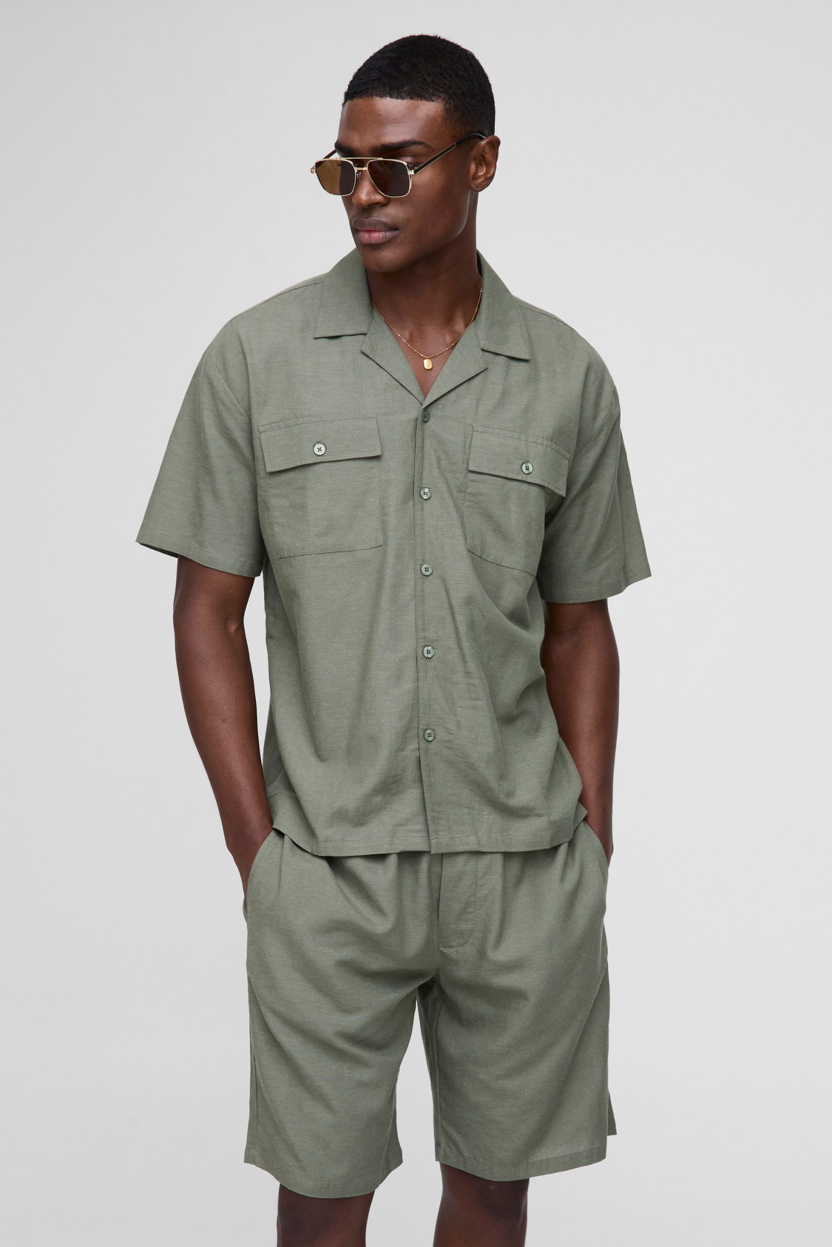 Oversized Linen Blend Look Cargo Pocket Shirt & Short Set