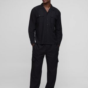 Oversized Linen Blend Cargo Pocket Shirt & Trouser Set
