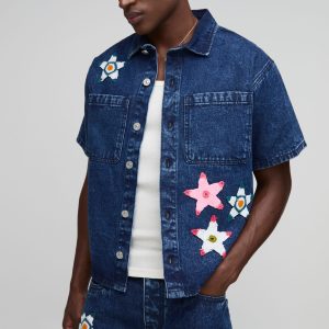 Boxy Revere Star Crochet Applique Denim Shirt