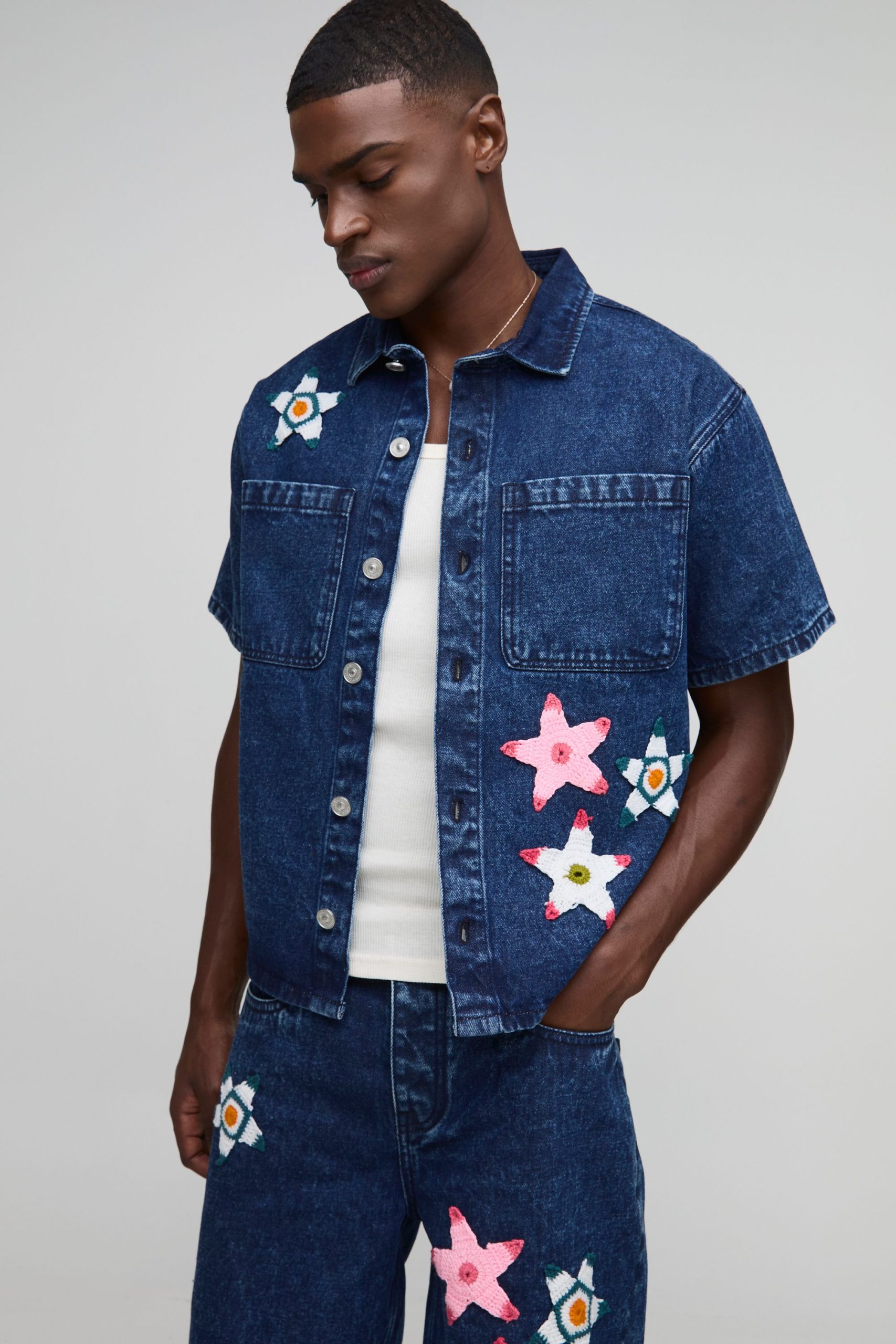 Boxy Revere Star Crochet Applique Denim Shirt