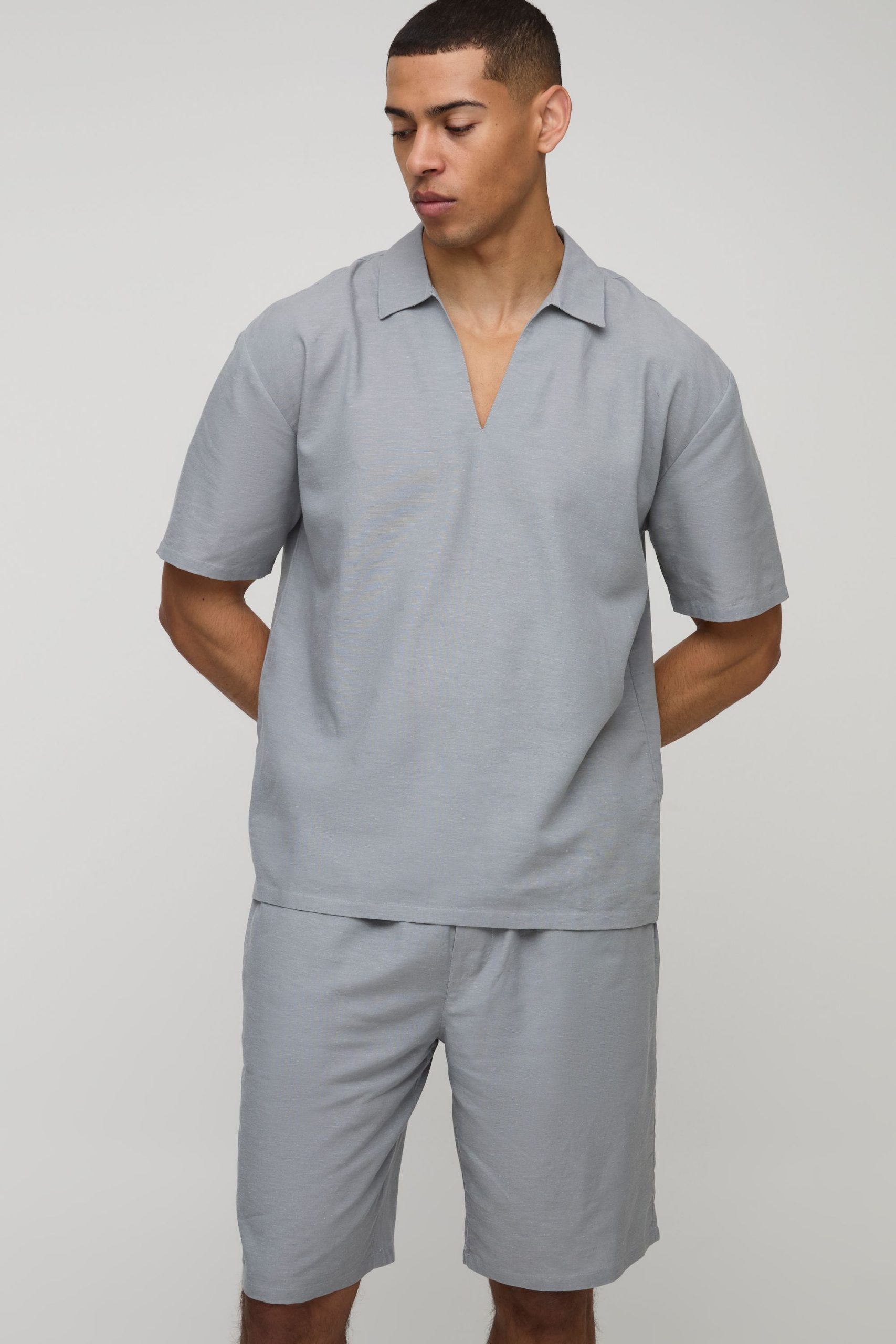 Oversized Overhead V-Neck Linen Blend Shirt & Short Set