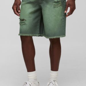 Relaxed Fit Ripped Green Tinted Denim Shorts