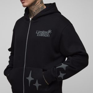 Tall Oversized Boxy Worldwide Puff Print Zip Through Hoodie