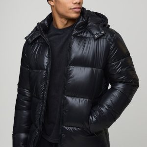 Regular Fit High Shine Puffer Jacket in Black