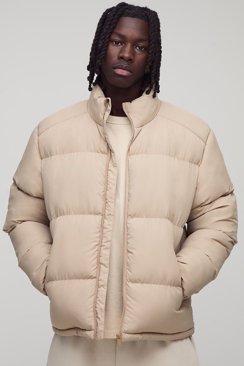 Regular Fit Funnel Neck Puffer Jacket in Stone