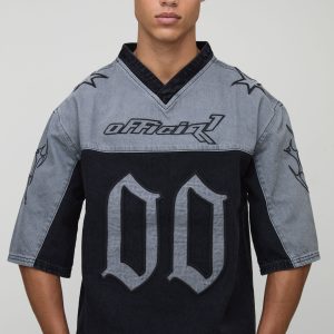 Tall Oversized Embroidery Football Denim T-Shirt