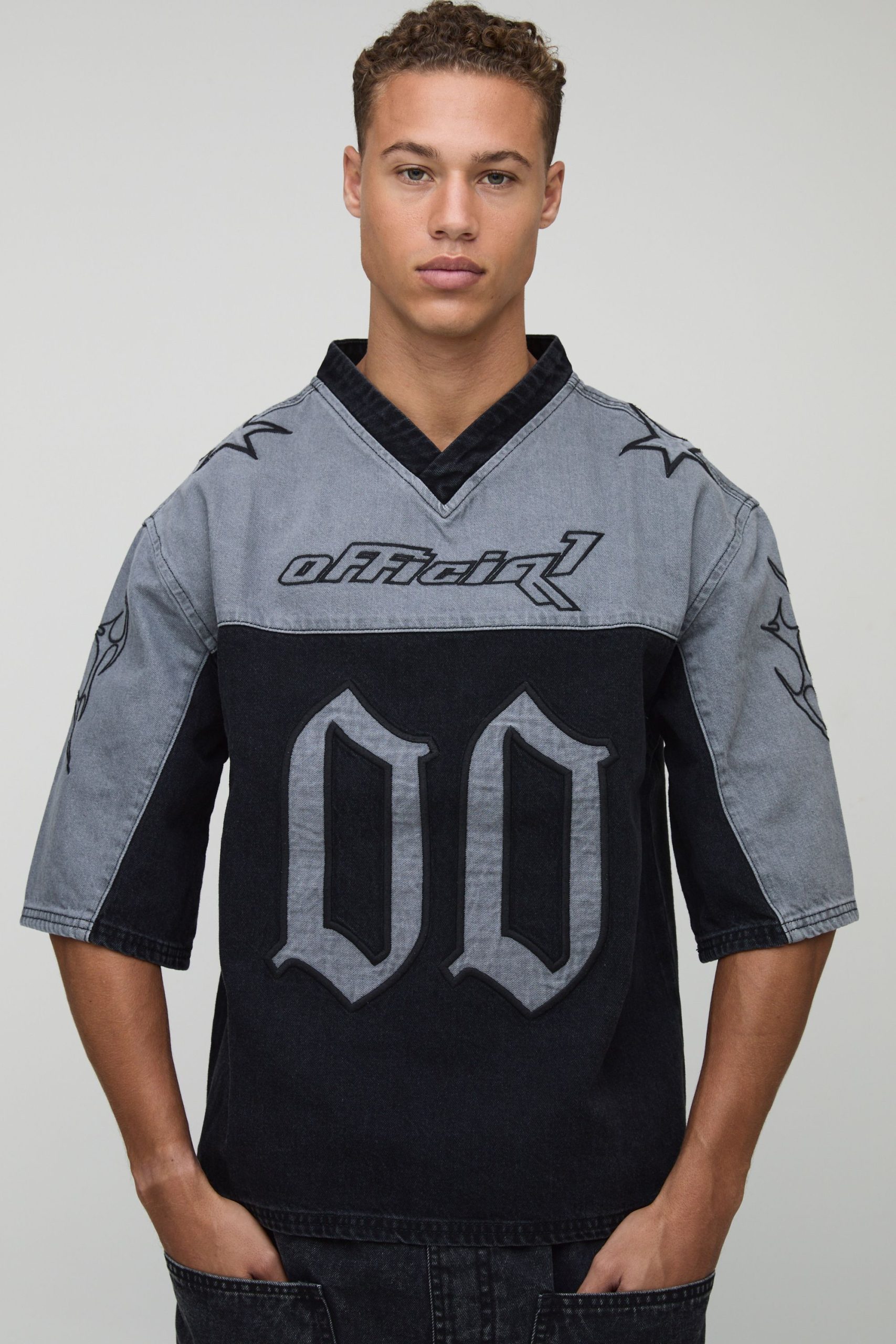 Tall Oversized Embroidery Football Denim T-Shirt