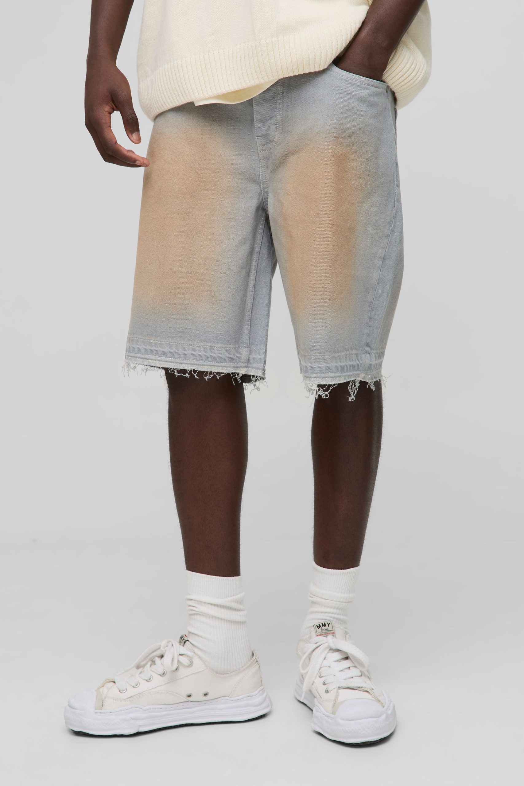 Relaxed Rigid Let Down Hem Tinted Denim Shorts