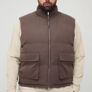 Plus Boxy Faux Suede Funnel Neck Gilet In Chocolate