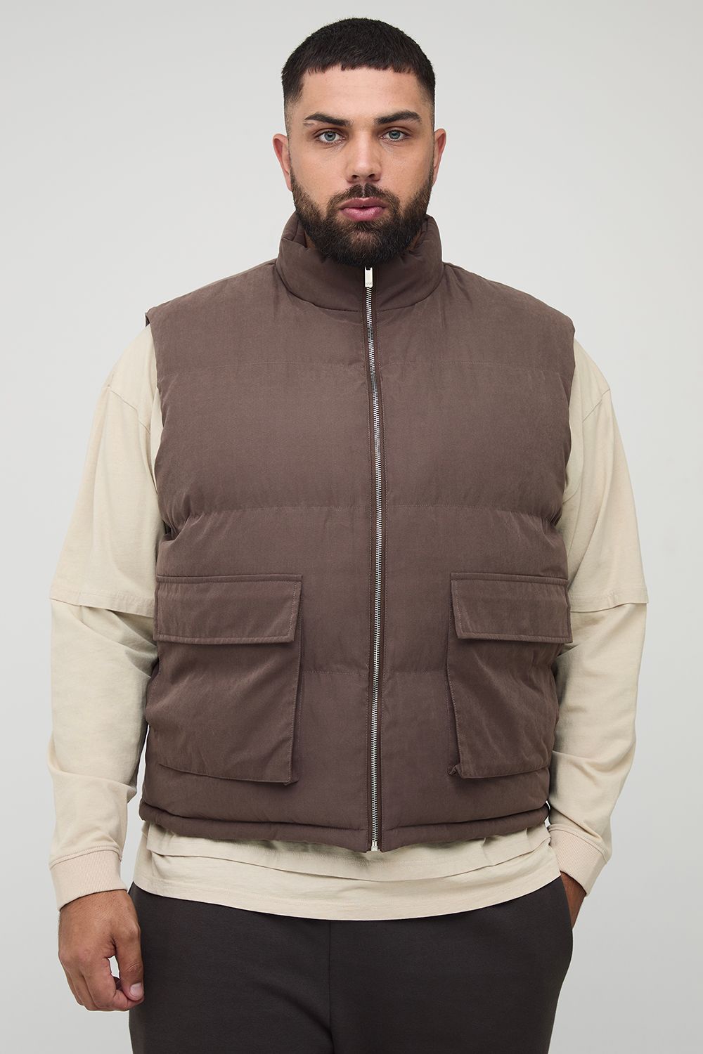 Plus Boxy Faux Suede Funnel Neck Gilet In Chocolate
