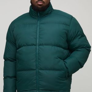 Plus Funnel Neck Regular Fit Puffer Jacket in Khaki