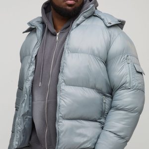 Plus High Shine Regular Fit Hooded Puffer in Grey