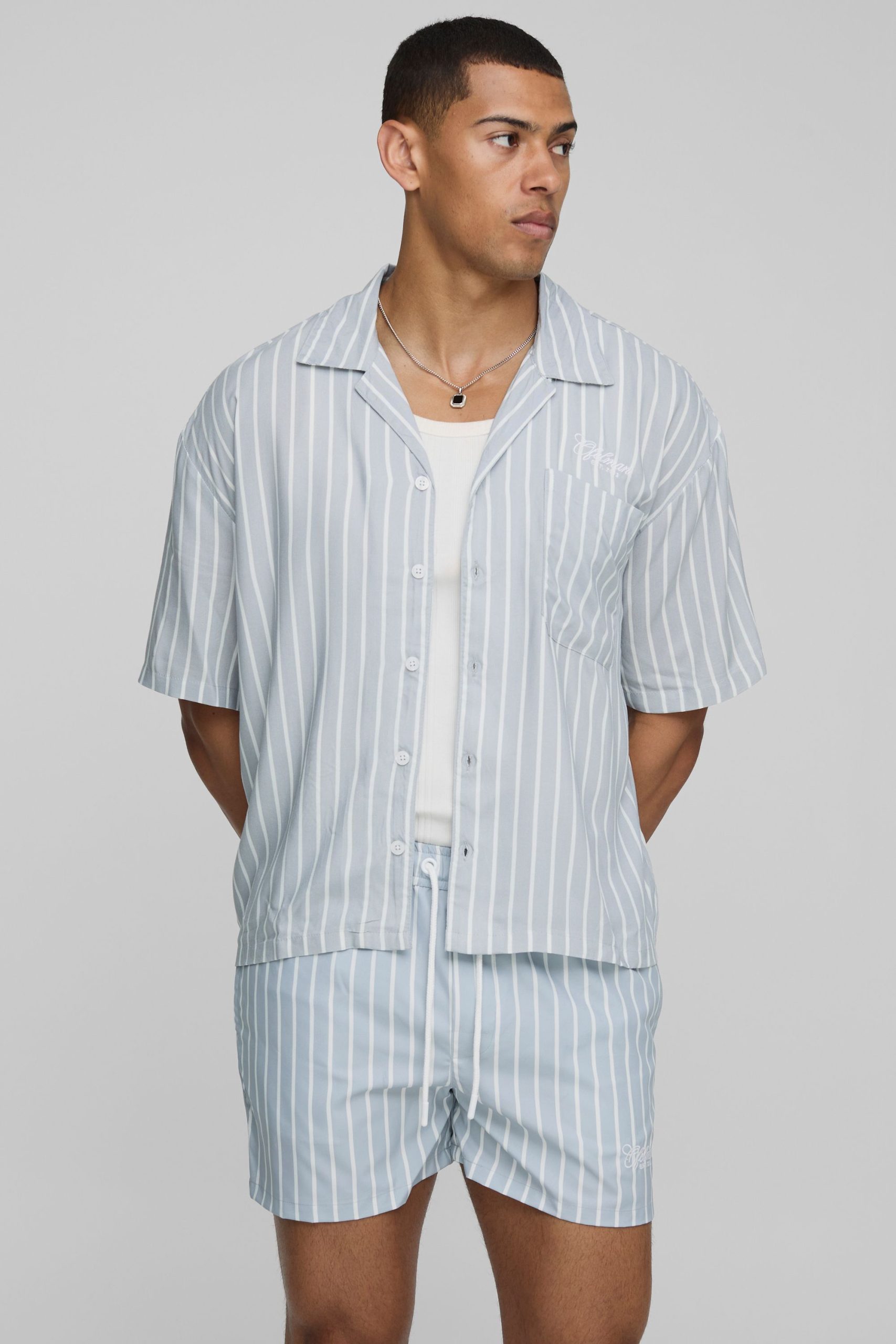 Oversized Boxy Fit Pinstripe Shirt and Swim Set