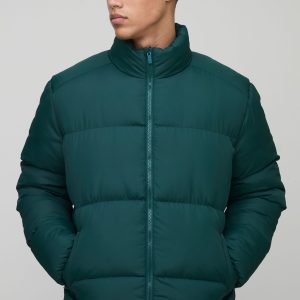 Tall Funnel Neck Regular Fit Puffer Jacket in Khaki