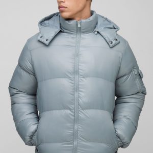 Tall High Shine Hooded Regular Fit Puffer in Grey