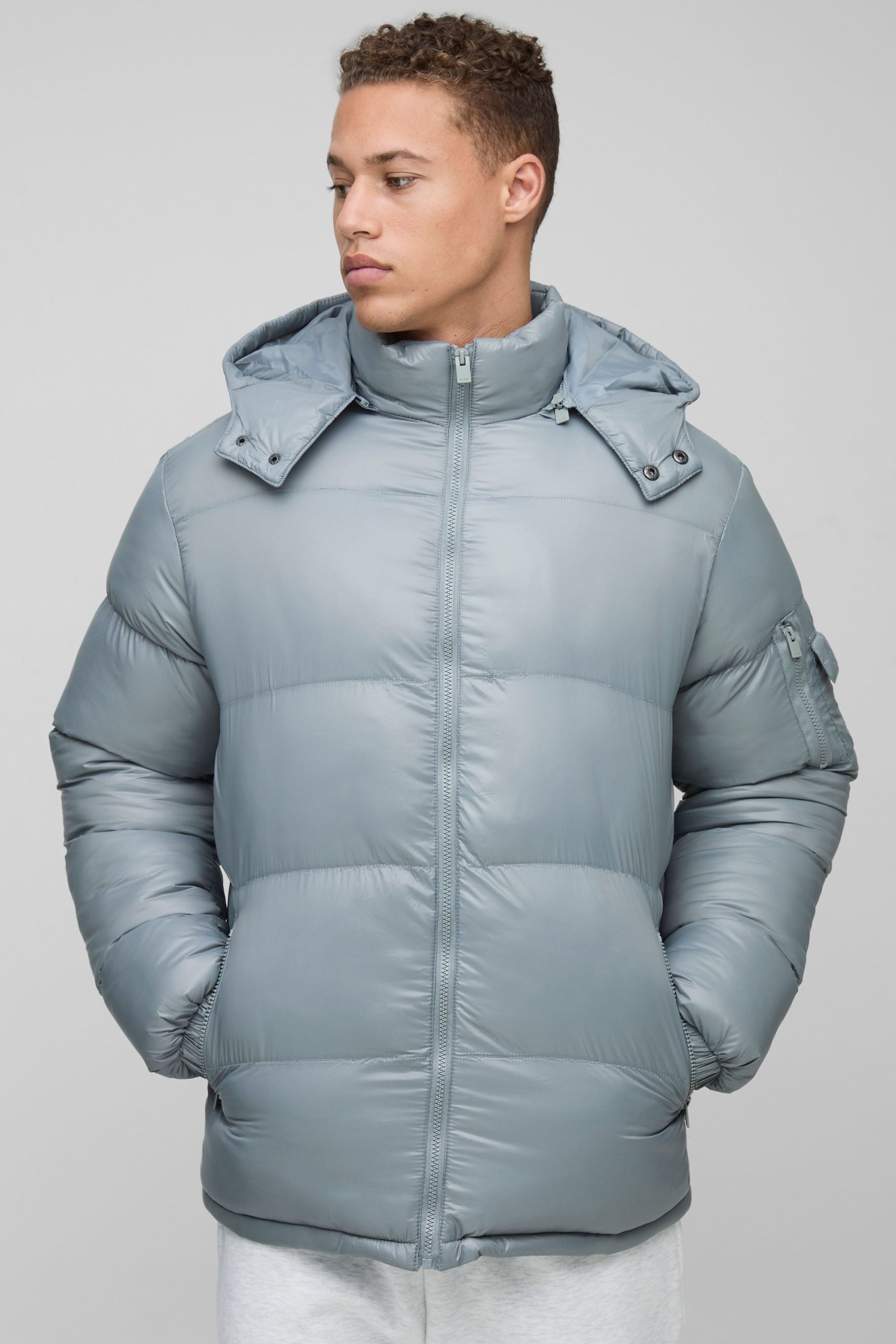 Tall High Shine Hooded Regular Fit Puffer in Grey