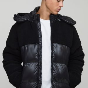 Tall Borg and High Shine Hooded Regular Fit Puffer in Black