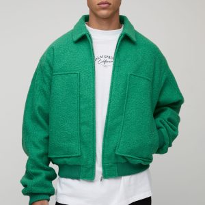 Tall Boxy Boucle Ruched Sleeve Bomber Jacket In Green
