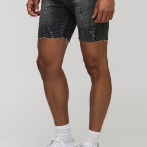 Skinny Stretch Ripped Pintuck Tinted Denim Short