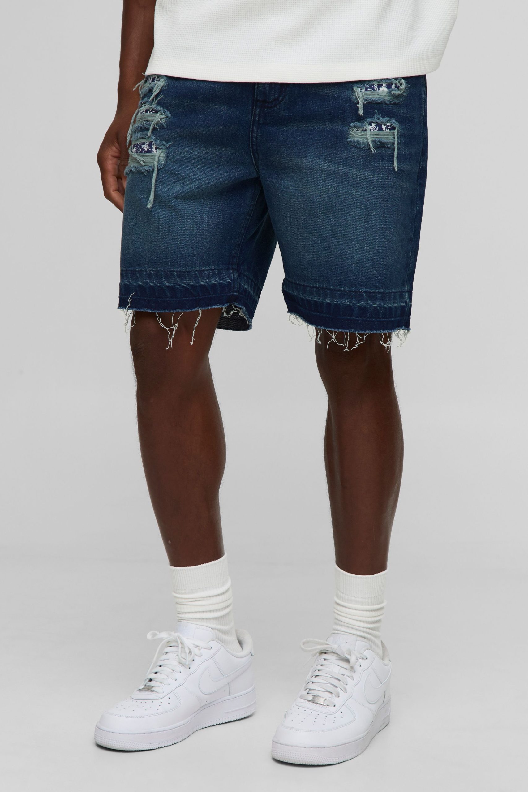 Slim Rigid Bandana Rip and Repair Denim Shorts